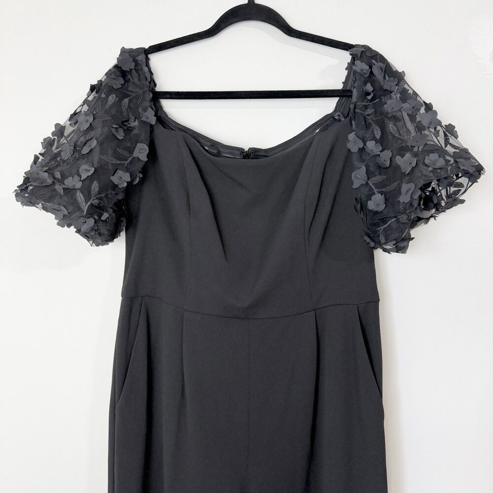 Xscape Jumpsuit Black Scuba Crepe Floral Puff Sleeves Wide Leg NWT Women’s 12 - Picture 4 of 14